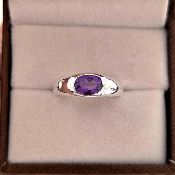 Lila Amethyst Oval Ring Lünette gesetzt 1 Karat Oval Amethyst Ring in 925 Sterling Silber Dark Amethyst Breitband Statement Ringe