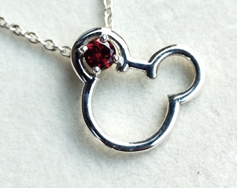 Mickey-mouse Granat Halskette Januar Birthstone Halskette Roter Granat Mickey-mouse Anhänger Disney World Schmuck in 925 Sterling Silber