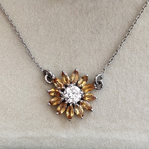 Moissanite Sunflower Necklace Flower Gemstone Necklace in 925 sterling silver Citrine Marquise and Moissanite Center Round Necklace for Her