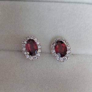 Red Garnet Oval Studs 6×4mm Oval Garnet with Moissanite Halo Garnet Earrings in 925 sterling silver for her January birthstone studs