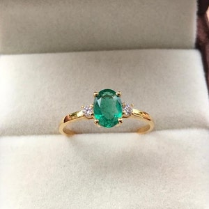 Oval Emerald Ring in 14k Yellow Gold Dainty Emerald Engagement/ Anniversary Ring for Her Natural 7×5 Emerald and Diamond Ring