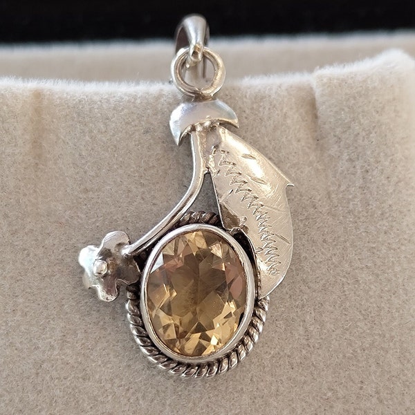 Oval Yellow Citrine Pendant Citrine Leaf Pendant  Citrine Fruit Pendant in Silver Oval Citrine Pendant for November Birthstone Gifts