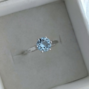 Aquamarine Solitaire Engagement Ring in 925 sterling silver Plated with White Gold Rhodium Natural 7mm Aquamarine Round Ring For Anniversary