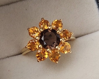 Golden Sunflower Ring: Smokey Quartz & Citrine, Sterling Silver
