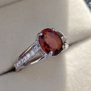 Spessartite Garnet Oval Ring Split Shank Oval Garnet Halo Ring Beautiful Garnet Ring for Womens  9x7mm Oval Garnet Silver Rings for her