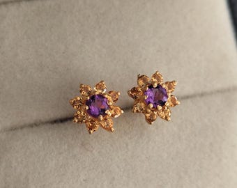 Sunflower Amethyst with Citrine Cluster Studs in Silver Round Floral Gemstone Studs with Gold Polished  Citrine Sunflower Stud Earrings