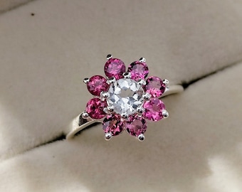 Pink Tourmaline Aquamarine Floral Ring - Sterling Silver Cluster Ring