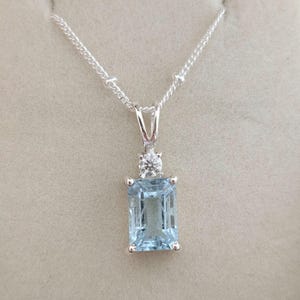 Aquamarine Diamond Rectangle pendant Emerald Cut Aquamarine Pendant Prong set in 925 sterling silver Faceted Aquamarine Pendant for Her