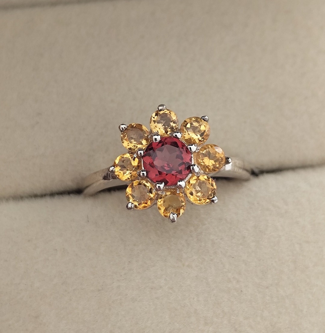 Golden Flower Gemstone Ring Garnet and Citrine Ring Round Citrine ...