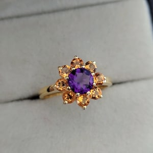 Amethist zonnebloem ring in 14k geelgouden amethist centrum met citrien halo bloemenring voor verloving/jubileum/bruiloft