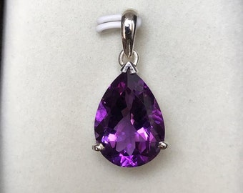 Purple Amethyst Pear Pendant Large Amethyst Pendant in Silver Amethyst Gemstone Pendant for her Dark Amethyst Pear Necklace