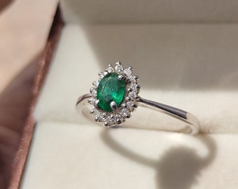 Oval Emerald Halo Ring, Moissanite in 925 Sterling Silver