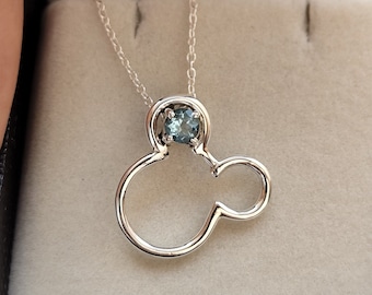Aquamarin Halskette, Sterling Silber Micky Maus, März Geburtsstein