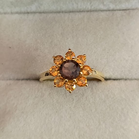 Sunflower Orange Citrine Ring in 9k Yellow Gold Citrine Cluster Smokey Ring Nature Inspired  Floral Round Engagement Ring for Her