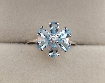 Aquamarine Flower Ring, Pear Sterling Silver, March Birthstone