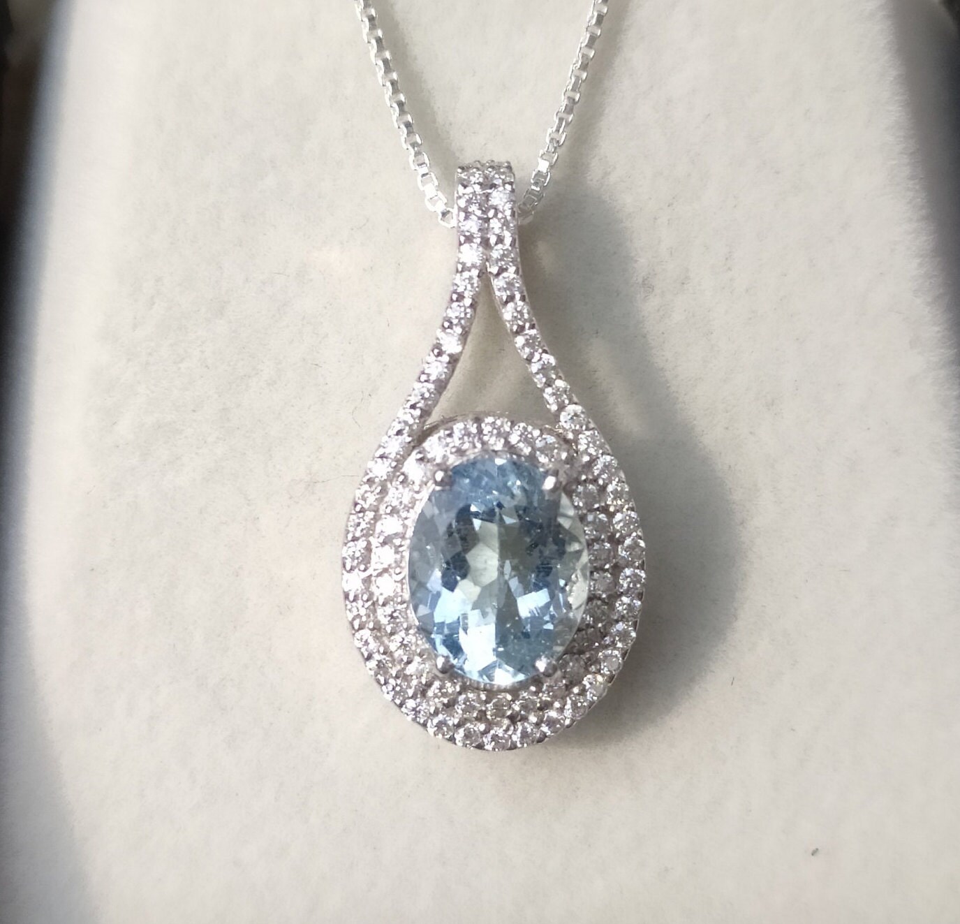 Aquamarine Oval Double Halo Pendantdouble Loop Moissanite Etsy