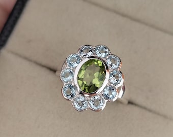 Aquamarine Peridot Cluster Ring Oval Peridot with Aquamarine Halo Ring set in 925 sterling silver Natural Gemstone Cluster Style Ring