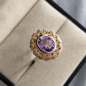 Amethyst With Citrine Cluster Floral Statement Ring in 925 sterling silver Natural Oval Amethyst Citrine Cocktail Ring for Women