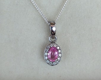 Pink Sapphire Necklace: Oval Halo, Sterling Silver