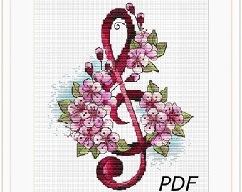 Spring Treble Clef cross stitch pattern,Clef Blooming Sakura xstitch, Japanese Blossom Cherry xstitch, Best Musical Present  - PDF pattern