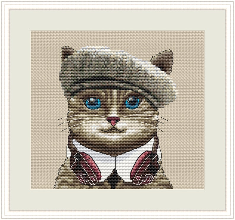 Cat In the Hat cross stitch pattern, Hipster Cat with Headphones Xstitch, Great Gift for Everyone modern xstitch instant download image 3