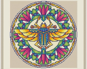 Colorful Scarabeus Beetle Mandala cross stitch pattern, Egyptian Scarab xstitch,Great Gift modern xstitch,Insect Beetle Pattern-PDF download