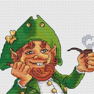 Leprechaun Gnome with Pot of Gold cross stitch pattern, Saint Patricks Day Leprechaun xstitch, Great Gift modern xstitch PDF download image 2