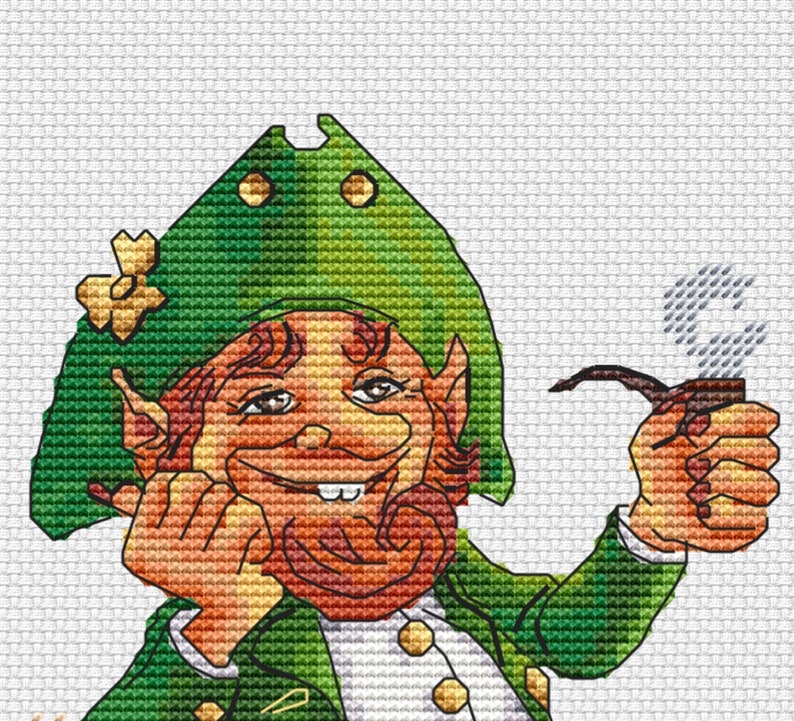 Leprechaun Gnome with Pot of Gold cross stitch pattern, Saint Patricks Day Leprechaun xstitch, Great Gift modern xstitch PDF download image 2