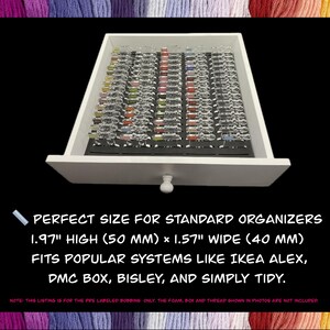 May include: White drawer with a knob, filled with labeled bobbins. The drawer is 1.97 inches high and 1.57 inches wide, designed to fit standard organizers. Text on the image reads: "PERFECT SIZE FOR STANDARD ORGANIZERS".