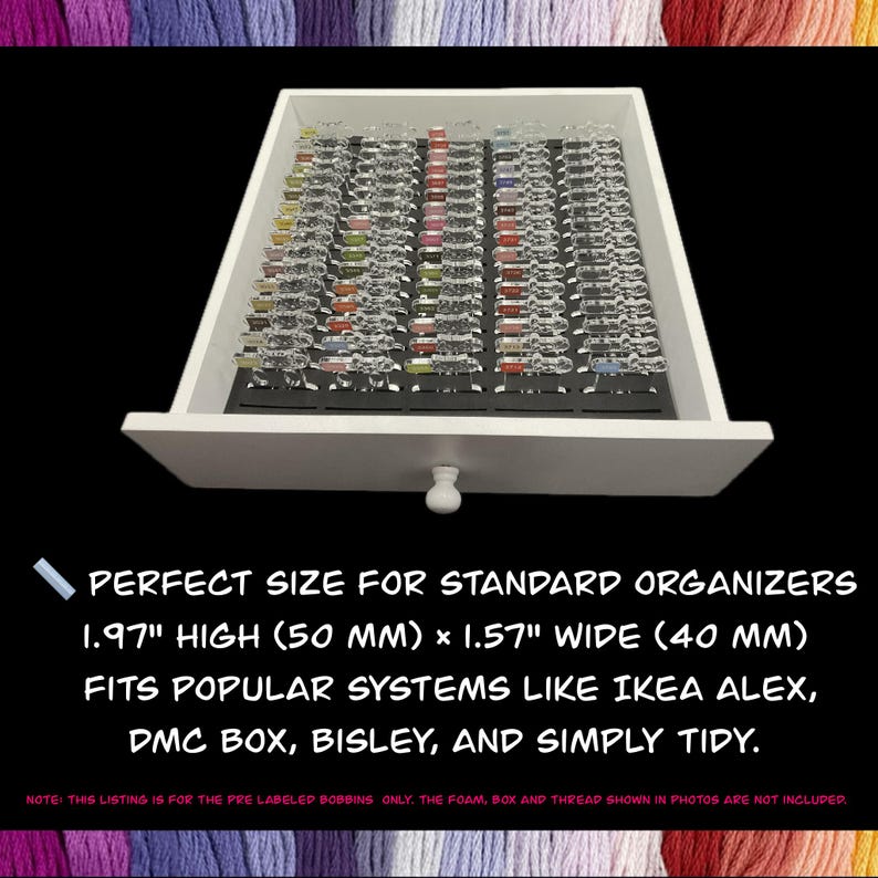 May include: White drawer with a knob, filled with labeled bobbins. The drawer is 1.97 inches high and 1.57 inches wide, designed to fit standard organizers. Text on the image reads: "PERFECT SIZE FOR STANDARD ORGANIZERS".