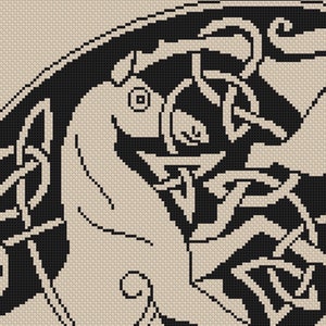 May include: Black and white cross stitch pattern featuring a Celtic knot design with intricate details. The design is framed by a border of smaller knots.