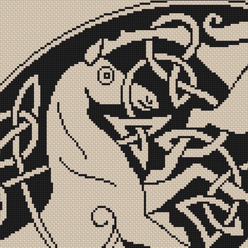 May include: Black and white cross stitch pattern featuring a Celtic knot design with intricate details. The design is framed by a border of smaller knots.