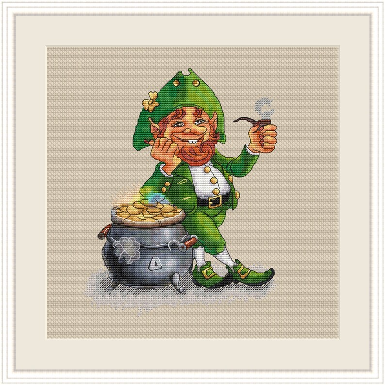 Leprechaun Gnome with Pot of Gold cross stitch pattern, Saint Patricks Day Leprechaun xstitch, Great Gift modern xstitch PDF download image 4