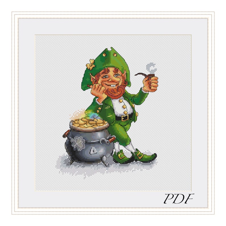 Leprechaun Gnome with Pot of Gold cross stitch pattern, Saint Patricks Day Leprechaun xstitch, Great Gift modern xstitch PDF download image 1
