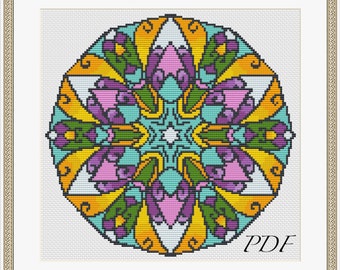 Colorful Flowers Mandala cross stitch pattern, Home Decor Mandala xstitch, Great modern xstitch, Best Mandala Gift Pattern - PDF download