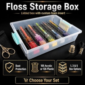 May include: Clear plastic floss storage box with a lid, filled with colorful embroidery floss. The box includes a custom foam insert and features text that reads "Floss Storage Box". Additional text indicates dust protection and box options.