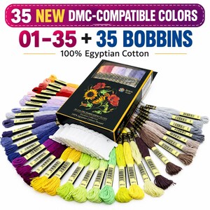 35 New DMC-Compatible Colors 01–35, Embroidery Floss Set, Egyptian Cotton Cross Stitch Thread, 35 Plastic Bobbins Included