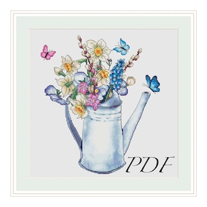 Spring Flowers in Watering Can cross stitch pattern, Easter Daffodils Xstitch, Spring Bouquet of Yellow Narcissuses pattern-instant download