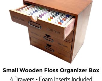 Embroidery Floss Organizer Box • Wooden 4-Drawer Floss & Thread Storage with Foam Inserts • Bobbin Organizer Cabinet