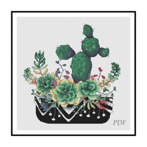 Stitch a desert oasis: Succulent Garden and Big Cactus in One Pot Cross Stitch Pattern.Cactus and  succulents xstitch - instant PDF download