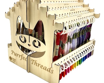 Purrfect Threads Floss Organizer: Wooden Cat Design, 160 Slots -Craft Tool for 128 Colors DMC Floss Skeins + 32 Bobbins, Gift Thread Storage