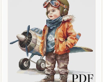Cute Aviator Boy Cross Stitch Design Pattern-Stitching Adventure with Charming Aviator Boy Xstitch Pattern, Great Gift-instant PDF download