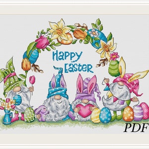 Happy Easter cross stitch pattern,Funny Spring Gnomes xstitch, Cute Gnomes with Eggs and Flowers xstitch, Flower Wreath pattern-PDF pattern