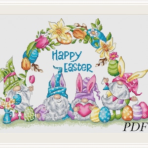 Happy Easter cross stitch pattern,Funny Spring Gnomes xstitch, Cute Gnomes with Eggs and Flowers xstitch, Flower Wreath pattern-PDF pattern