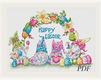 Happy Easter cross stitch pattern,Funny Spring Gnomes xstitch, Cute Gnomes with Eggs and Flowers xstitch, Flower Wreath pattern-PDF pattern