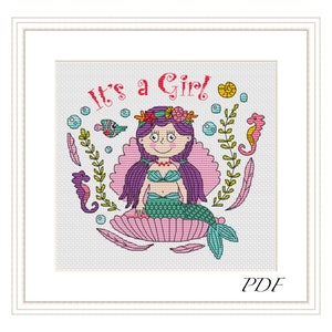 It’s a Girl cross stitch pattern, Cute Little Mermaid Xstitch, Great Gift for Newborn modern xstitch, Best present - instant PDF download