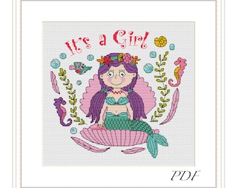 It’s a Girl cross stitch pattern, Cute Little Mermaid Xstitch, Great Gift for Newborn modern xstitch, Best present - instant PDF download