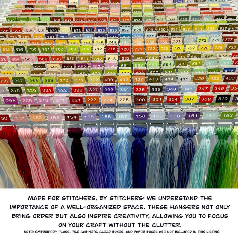 May include: A cross-stitch floss organiser with numbered slots and a variety of colourful thread bundles. The image includes text that reads "MADE FOR STITCHERS, BY STITCHERS: WE UNDERSTAND THE IMPORTANCE OF A WELL-ORGANISED SPACE."