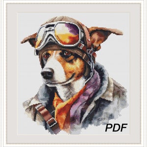 Mönster för korsstygn med hund och flygare – ge dig ut på ett kreativt äventyr med vårt mönster för hund och flygare, perfekt present – direkt PDF-nedladdning