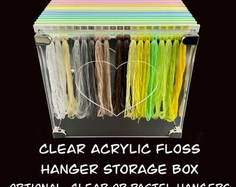 Clear Acrylic Floss Hanger Storage Box–Optional 10 or 20 Clear or Pastel Hangers–Cross Stitch Thread Organizer Gift Present for Stitchers